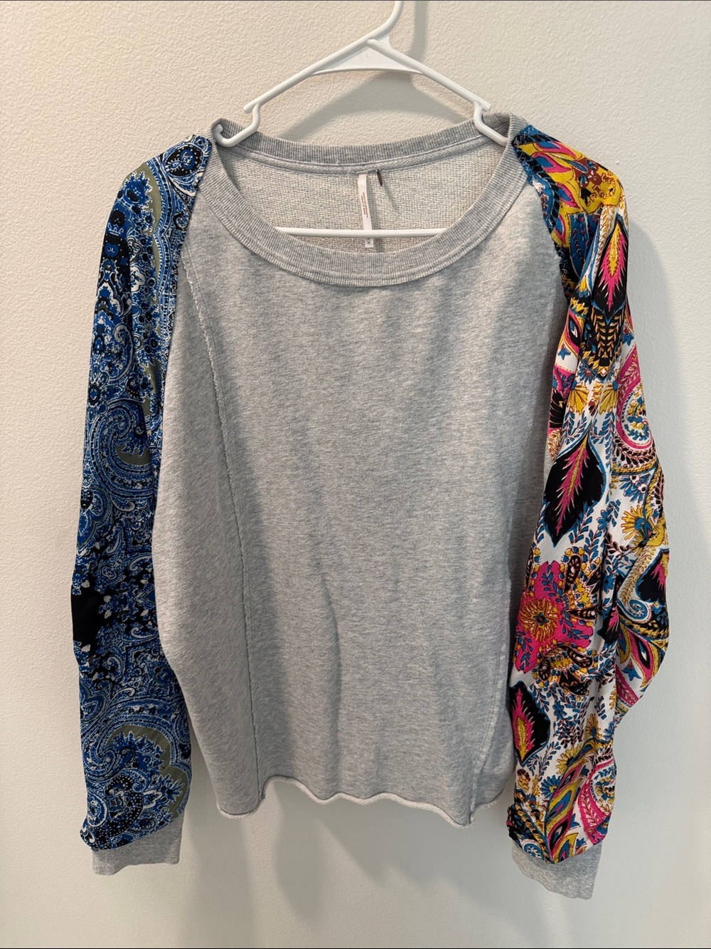 Free People Gray Sweatshirt with Paisley Mixed-Print Sleeves
